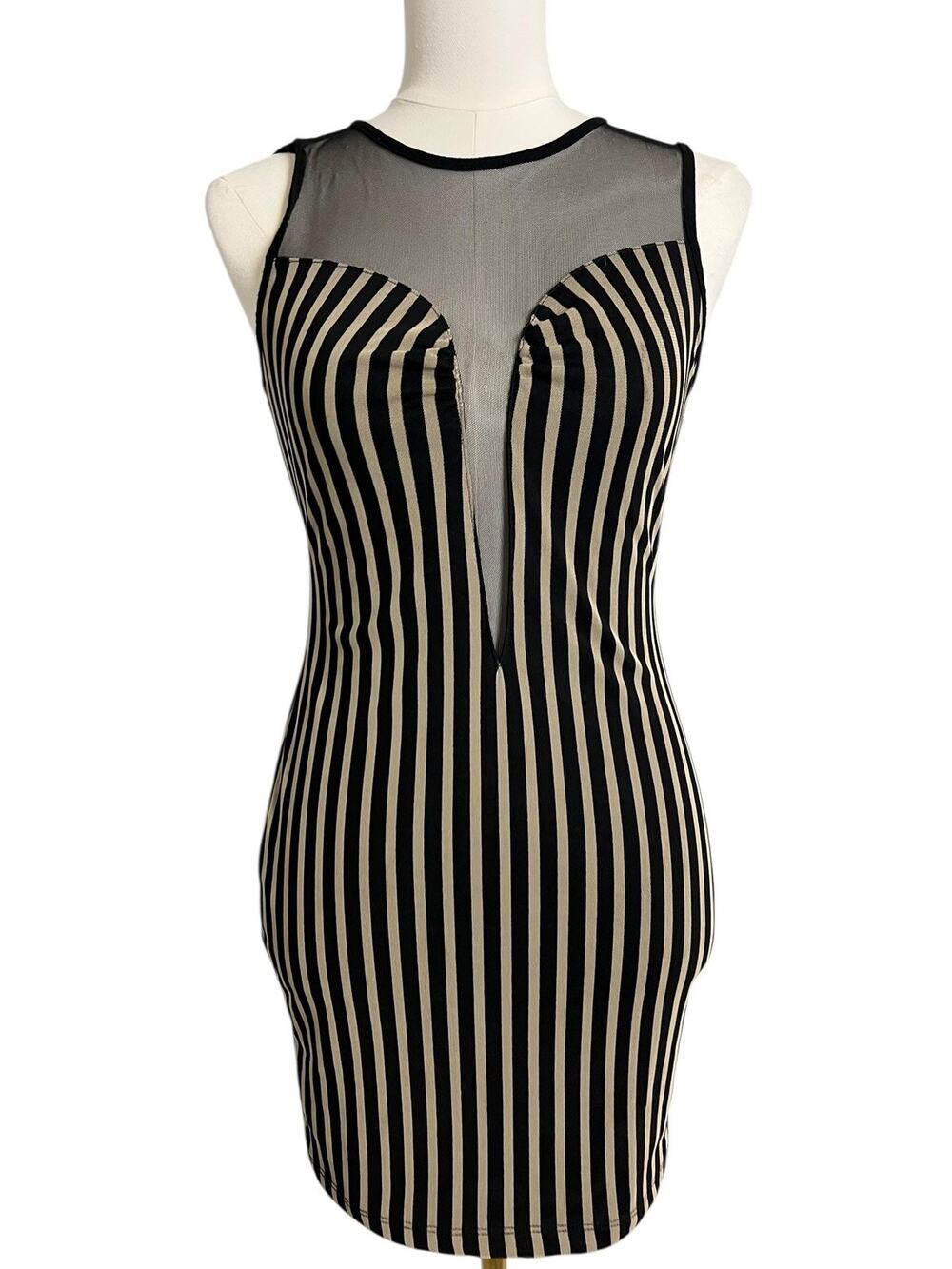 XXI Bodycon Mini Dress Juniors M Black Striped Mesh Sheer Illusion Party Club - Picture 1 of 6